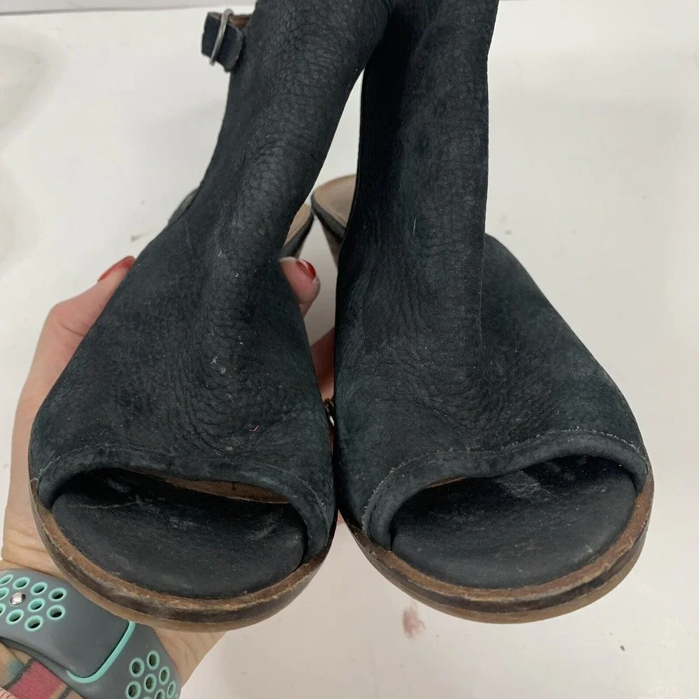 Lucky Brand 5.5 Lisza Bootie Peep Toe Slingback Stacked Block Heel Black Leather